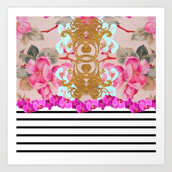 Fashion Girly Pink Vintage Floral Trendy Stripes Pattern Art Print