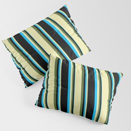 [ Thumbnail: Dark Olive Green, Pale Goldenrod, Deep Sky Blue, and Black Colored Pattern of Stripes Pillow Sham ]