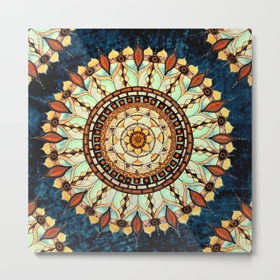 Sketched Mandala Design On A Blue Textured Background Metal Print