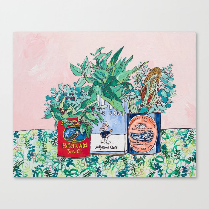 Jungle Botanical in Colorful Cans on Pink - Still Life Canvas Print