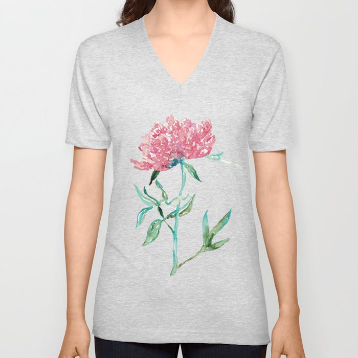 Peony flower Painting Red Green Abstract V Neck T Shirt