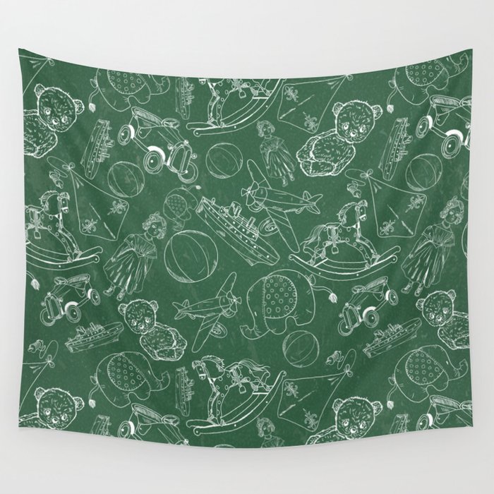 Green Chalk Board With White Children Toys Seamless Pattern    Wall Tapestry