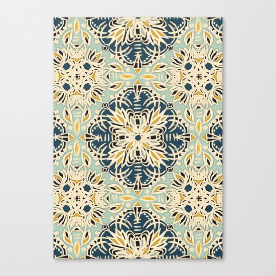 Protea Pattern in Deep Teal, Cream, Sage Green & Yellow Ochre Canvas Print