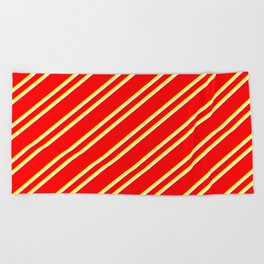 [ Thumbnail: Red, Yellow, and White Colored Stripes Pattern Beach Towel ]