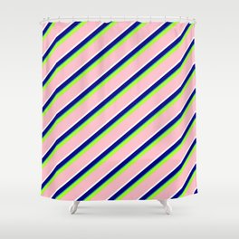 [ Thumbnail: Vibrant Light Green, Pink, White, Blue & Light Sea Green Colored Lined/Striped Pattern Shower Curtain ]