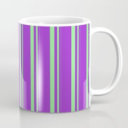 [ Thumbnail: Light Green & Dark Orchid Colored Stripes/Lines Pattern Coffee Mug ]