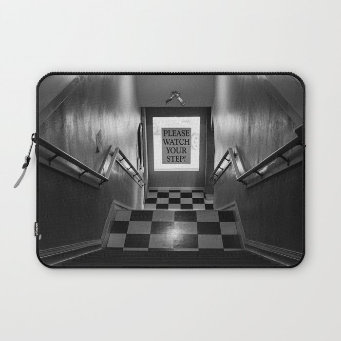 Please watch your step! humorous funny black and white photograph - photography - photographs with stairs and checkerboard floor Laptop Sleeve