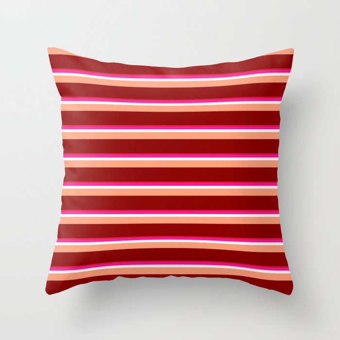 Crimson, Deep Pink, White, Light Salmon, and Dark Red Colored Lines Pattern Throw Pillow