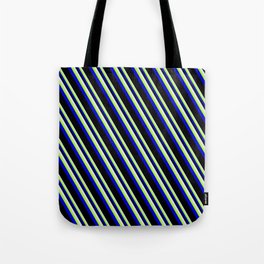 [ Thumbnail: Lavender, Light Green, Blue & Black Colored Pattern of Stripes Tote Bag ]