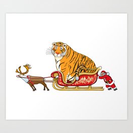 Meme fat tiger in Santa's sleigh / Year of the Tiger /New Year 2022/ Tiger 2022 Art Print