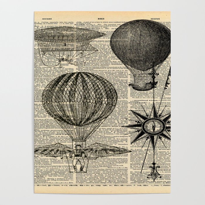 Steampunk Airship Hot Air Balloon Vintage Dictionary Page Wall Art Picture Print 