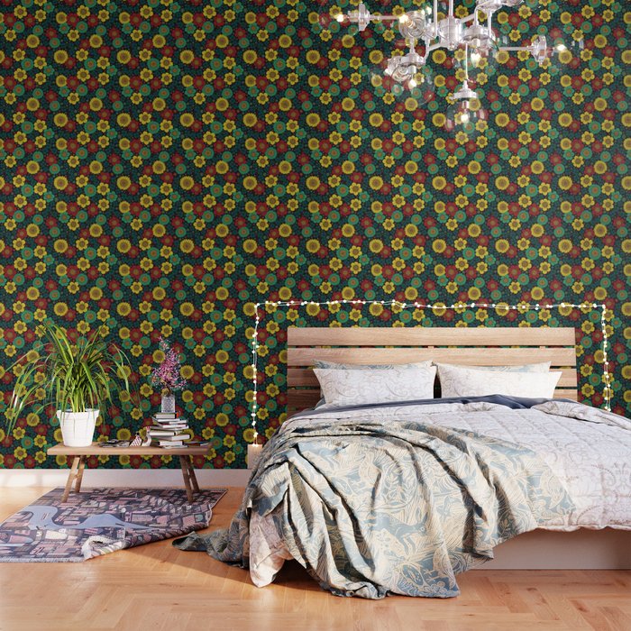 Yellow Red Teal Navy Blue Emerald Green Floral Pattern Wallpaper By Somecallmebeth