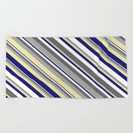 [ Thumbnail: Vibrant Dim Grey, Dark Gray, Pale Goldenrod, Midnight Blue, and White Colored Lined Pattern Beach Towel ]