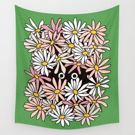 Shy Wallflower - Retro Botanical,Pink,anxiety,awkward, green, pink, flowers, daisies,retro, 60s, 70s Wall Tapestry