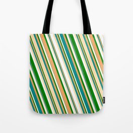 [ Thumbnail: Vibrant Brown, Dark Cyan, Tan, White & Green Colored Striped Pattern Tote Bag ]