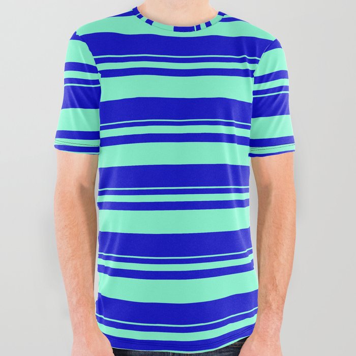 Aquamarine and Blue Colored Striped Pattern All Over Graphic Tee