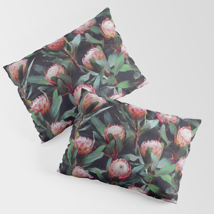 Evening Proteas - Pink on Charcoal Pillow Sham