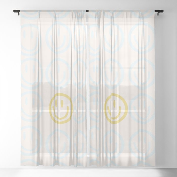 Preppy Smiley Face - Blue and Yellow Sheer Curtain