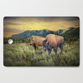 American Buffalo Western Landscape with Mountain Sunset in Yellowstone National Park Cutting Board
