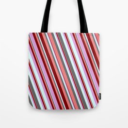 [ Thumbnail: Colorful Dim Gray, Light Coral, Maroon, Plum, and Light Cyan Colored Stripes/Lines Pattern Tote Bag ]