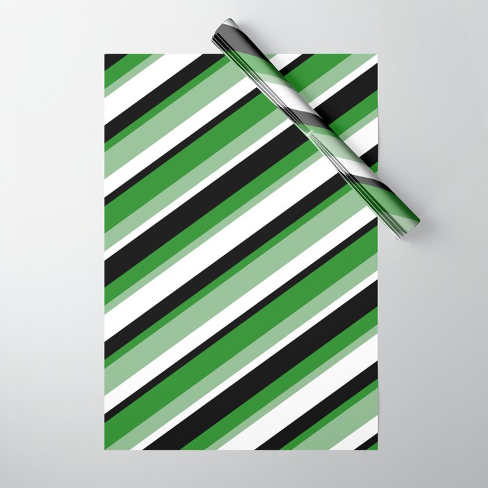 Forest Green, Dark Sea Green, White & Black Colored Striped Pattern Wrapping Paper