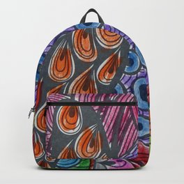 Geometrical orange blue watercolor shapes peacock feathers Backpack