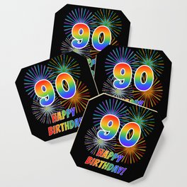 90th Birthday "90" & "HAPPY BIRTHDAY!" w/ Rainbow Spectrum Colors + Fun Fireworks Inspired Pattern Coaster