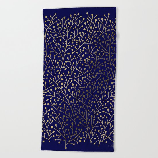 Gold Berry Branches on Navy Beach Towel