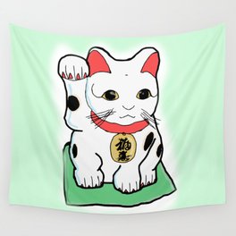 Green Japanese  Lucky Cat Maneki Neko Wall Tapestry