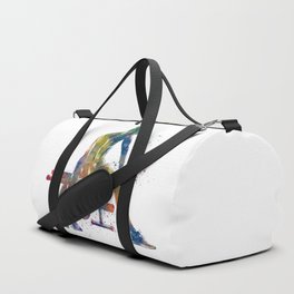 Young woman practices gymnastics in watercolor Duffle Bag