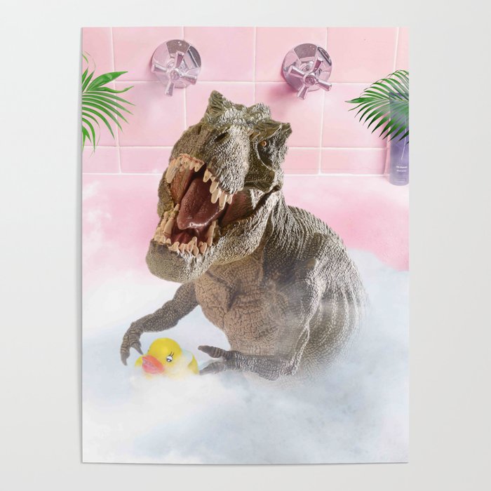 Cute Self-Care Bathing T-Rex Dinosaur Palm Bath Poster