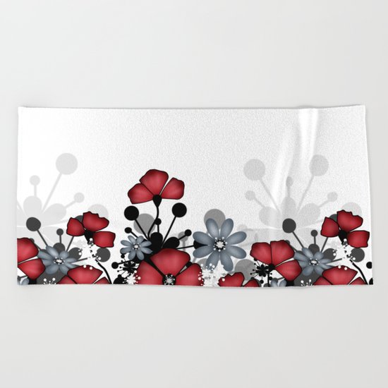 Red flowers on a white background . Beach Towel