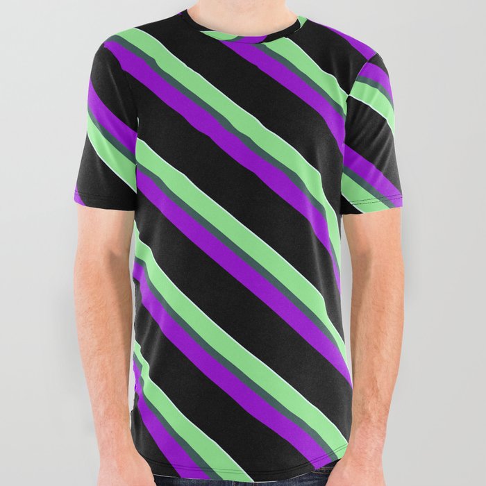Colorful Light Green, Dark Slate Gray, Dark Violet, Black, and Light Cyan Colored Stripes Pattern All Over Graphic Tee