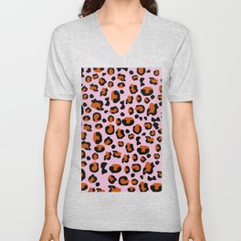 Pink Bold Vibrant Leopard Animal Print Specked Dots V Neck T Shirt