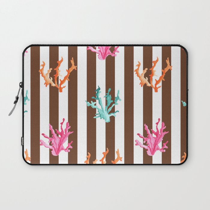 Colorful Coral Reef on Brown Stripes Laptop Sleeve