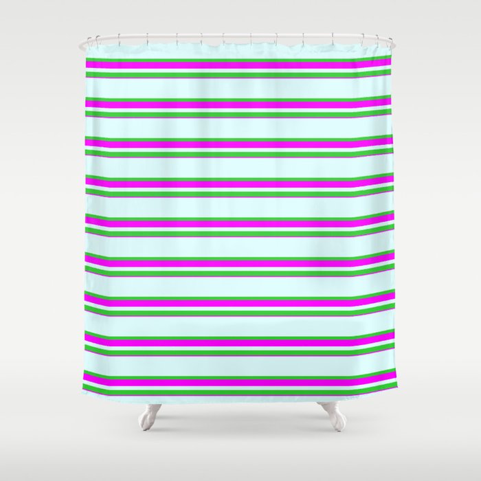 Light Cyan, Lime Green & Fuchsia Colored Lines Pattern Shower Curtain