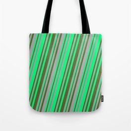 [ Thumbnail: Dark Grey, Green & Dark Olive Green Colored Lines/Stripes Pattern Tote Bag ]