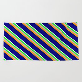 [ Thumbnail: Mint Cream, Lime, Plum, Orange, and Blue Colored Lined Pattern Beach Towel ]