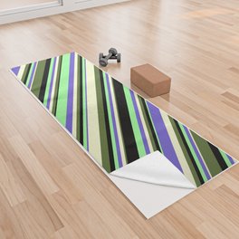 [ Thumbnail: Eye-catching Green, Black, Dark Olive Green, Light Yellow, and Slate Blue Colored Stripes Pattern Yoga Towel ]