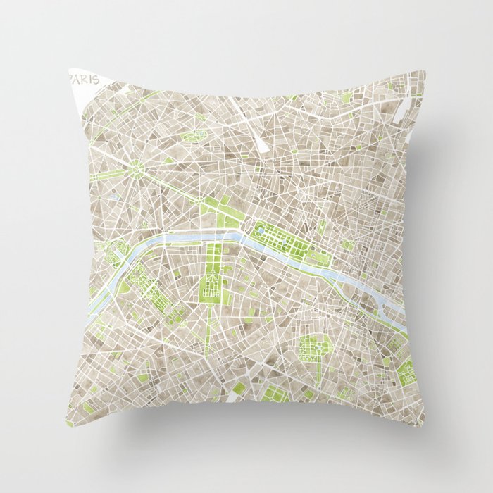 Paris SGB Watercolor Map Throw Pillow