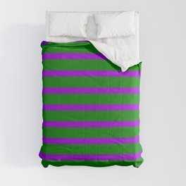 [ Thumbnail: Green & Dark Violet Colored Lined Pattern Comforter ]