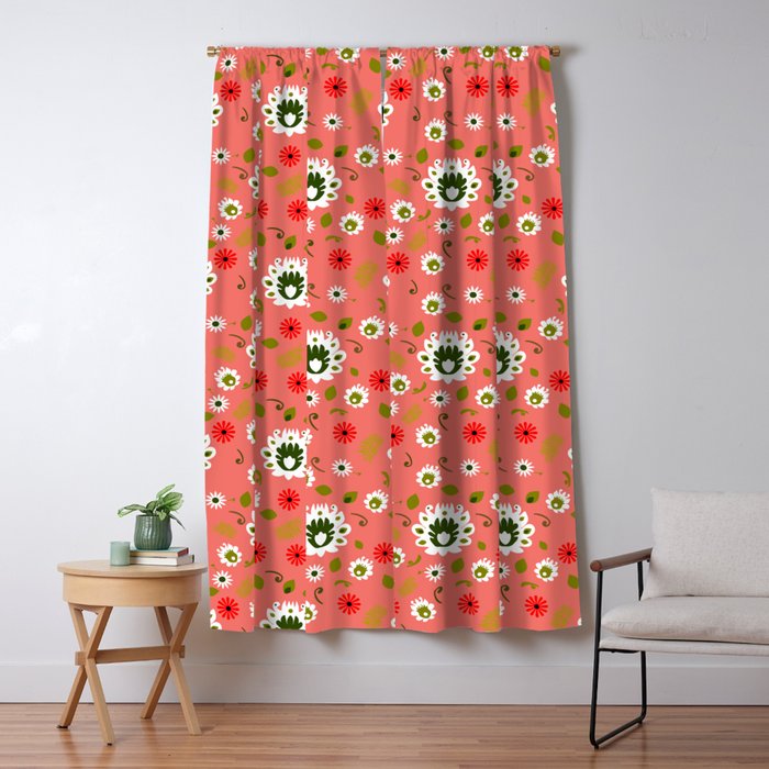 Polish Folk Flowers On Living Coral Background Blackout Curtain By