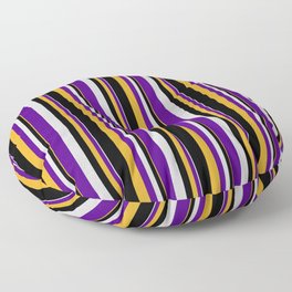 [ Thumbnail: Goldenrod, Black, Light Grey & Indigo Colored Lined/Striped Pattern Floor Pillow ]