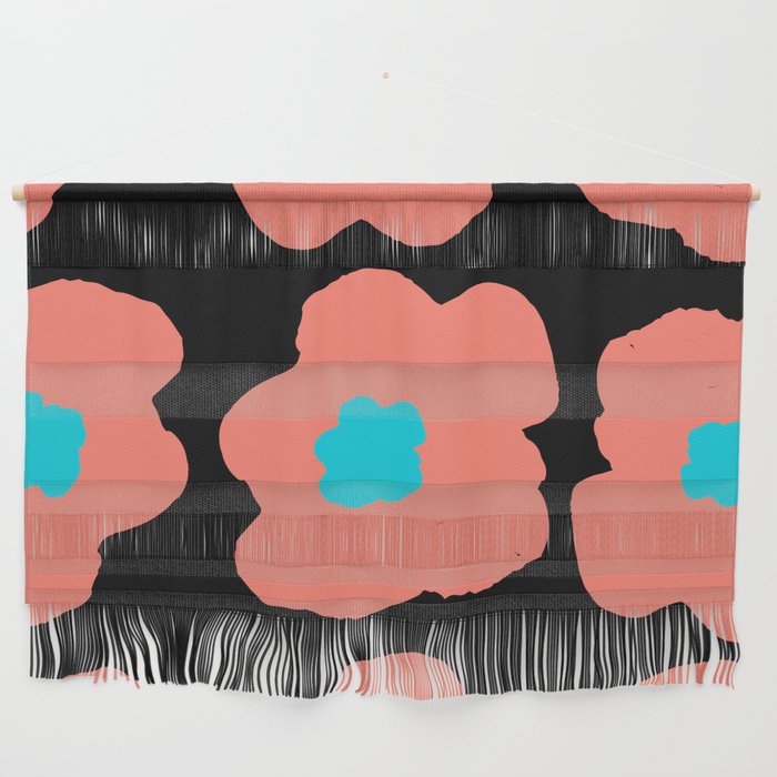 Large Pop-Art Retro Flowers in Coral on Black Background  Wall Hanging