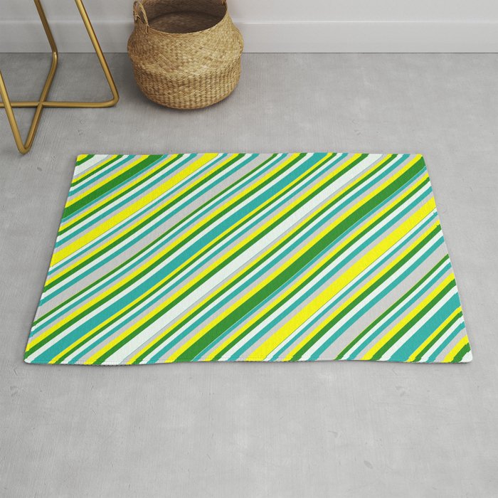 Eyecatching Yellow, Forest Green, Mint Cream, Light Sea Green, and Light Grey Colored Lined Pattern Rug