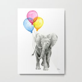 Baby Elephant with Balloons Nursery Animals Prints Whimsical Animal Metal Print | Watercolor, Animal, Balloons, Nurseryart, Babyelephant, Graphicdesign, Children, Cute, Black And White, Elephantpainting 