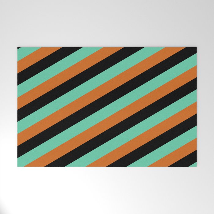 Black, Aquamarine, and Chocolate Colored Pattern of Stripes Welcome Mat