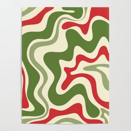 Retro Christmas Swirl Abstract Pattern in Olive Green, Sage, Xmas Red, and Cream Poster