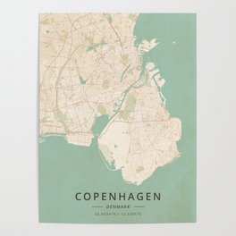 Copenhagen, Denmark - Vintage Map Poster