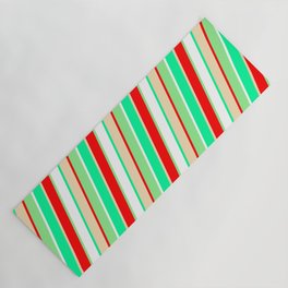 [ Thumbnail: Eye-catching Green, Tan, Red, Light Green, and White Colored Pattern of Stripes Yoga Mat ]